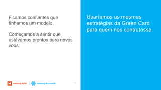 15
Usaríamos as mesmas
estratégias da Green Card
para quem nos contratasse.
Ficamos confiantes que
tínhamos um modelo.
Começamos a sentir que
estávamos prontos para novos
voos.
 