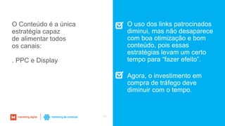 31
O uso dos links patrocinados
diminui, mas não desaparece
com boa otimização e bom
conteúdo, pois essas
estratégias levam um certo
tempo para “fazer efeito”.
Agora, o investimento em
compra de tráfego deve
diminuir com o tempo.
O Conteúdo é a única
estratégia capaz
de alimentar todos
os canais:
. PPC e Display
 