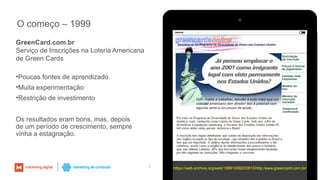 O começo – 1999
GreenCard.com.br
Serviço de Inscrições na Loteria Americana
de Green Cards
•Poucas fontes de aprendizado
•Muita experimentação
•Restrição de investimento
Os resultados eram bons, mas, depois
de um período de crescimento, sempre
vinha a estagnação.
https://web.archive.org/web/19991008202815/http:/www.greencard.com.br/4
 