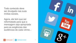42
Todo conteúdo deve
ser divulgado nas suas
mídias sociais.
Agora, ele tem que ser
reformatado para que a
mensagem seja apropriada
para as exigências das
audiências de cada vitrine...
 