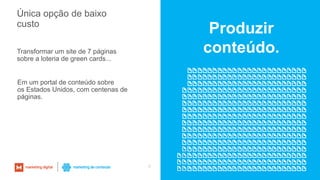 Única opção de baixo
custo
Transformar um site de 7 páginas
sobre a loteria de green cards...
5
Produzir
conteúdo.
Em um portal de conteúdo sobre
os Estados Unidos, com centenas de
páginas.
 
