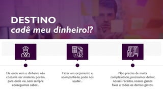 De onde vem o dinheiro não
costuma ser mistério, porém,
para onde vai, nem sempre
conseguimos saber...
DESTINO
cadê meu dinheiro!?
Não precisa de muita
complexidade, precisamos definir,
nossas receitas, nossos gastos
fixos e todos os demais gastos.
Fazer um orçamento e
acompanhá-lo, pode nos
ajudar...
 