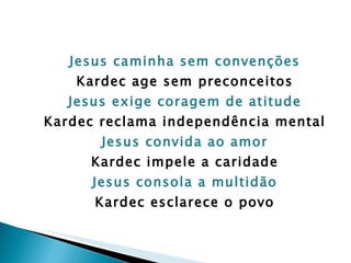 Jesus caminha sem convenções Kardec age sem preconceitos Jesus exige coragem de atitude Kardec reclama independência mental Jesus convida ao amor Kardec impele a caridade Jesus consola a multidão Kardec esclarece o povo 