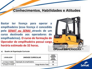 Conhecimentos, Habilidades e Atitudes


Bastar ter licença para operar a
empilhadeira (essa licença é concedida
pelo SENAT ou SENAI através de um
curso destinado aos operadores de
empilhadeiras). O curso de formação de
Operador de empilhadeira possui carga
horária estimada de 32 horas.
                                         OPERAR EMPILHADEIRA **
 