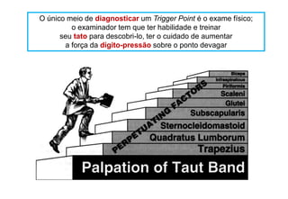 O único meio de diagnosticar um Trigger Point é o exame físico;
o examinador tem que ter habilidade e treinar
seu tato para descobri-lo, ter o cuidado de aumentar
a força da dígito-pressão sobre o ponto devagar
 