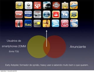 Usuários de
  smartphones 20MM                                                    Anunciante
                (fonte TGI)




         Early Adopter, formador de opnião, heavy user e sabendo muito bem o que querem.

sexta-feira, 11 de junho de 2010
 