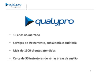 Management

• 15 anos no mercado
• Serviços de treinamento, consultoria e auditoria
• Mais de 1500 clientes atendidos
• Cerca de 30 instrutores de várias áreas da gestão

2

 