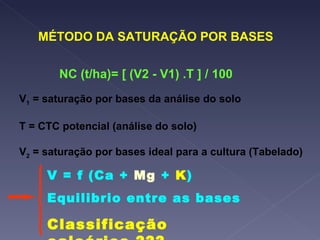 NC (t/ha)= [ (V2 - V1) .T ] / 100 V 1  = saturação por bases da análise do solo T = CTC potencial (análise do solo) V 2  = saturação por bases ideal para a cultura (Tabelado) MÉTODO DA SATURAÇÃO POR BASES  V = f (Ca +  Mg  +  K ) Equilibrio entre as bases Classificação calcários ??? 