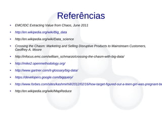Referências
● EMC/IDC Extracting Value from Chaos, June 2011
● http://en.wikipedia.org/wiki/Big_data
● http://en.wikipedia.org/wiki/Data_science
● Crossing the Chasm: Marketing and Selling Disruptive Products to Mainstream Customers,
Geoffrey A. Moore
● http://infocus.emc.com/william_schmarzo/crossing-the-chasm-with-big-data/
● http://mike2.openmethodology.org/
● http://www.gartner.com/it-glossary/big-data/
● https://developers.google.com/bigquery/
● http://www.forbes.com/sites/kashmirhill/2012/02/16/how-target-figured-out-a-teen-girl-was-pregnant-be
● http://en.wikipedia.org/wiki/MapReduce
 