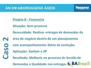 AN EM ABORDAGENS ÁGEISCaso2
Projeto B - Financeiro
Situação: Sem processo
Necessidade: Realizar entregas de demandas da
área de negócio dentro de um planajemento
com acompanhamento diário da evolução.
Aplicação: Kanban e XP
Resultado: Melhoria no processo de Gestão de
Demandas e Qualidade nas entregas.
 
