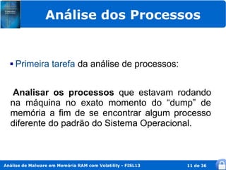 Análise dos Processos


     Primeira tarefa da análise de processos:


  Analisar os processos que estavam rodando
  na máquina no exato momento do “dump” de
  memória a fim de se encontrar algum processo
  diferente do padrão do Sistema Operacional.



Análise de Malware em Memória RAM com Volatility - FISL13   11 de 36
 