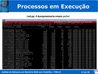 Processos em Execução
                       ./vol.py -f dumpmemoria.vmem pslist




Análise de Malware em Memória RAM com Volatility - FISL13    12 de 36
 