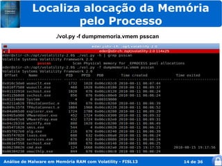 Localiza alocação da Memória
                    pelo Processo
                      ./vol.py -f dumpmemoria.vmem psscan




Análise de Malware em Memória RAM com Volatility - FISL13   14 de 36
 
