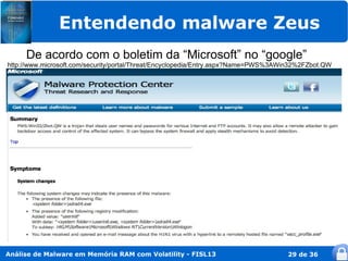 Entendendo malware Zeus
     De acordo com o boletim da “Microsoft” no “google”
http://www.microsoft.com/security/portal/Threat/Encyclopedia/Entry.aspx?Name=PWS%3AWin32%2FZbot.QW




Análise de Malware em Memória RAM com Volatility - FISL13                           29 de 36
 