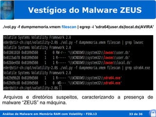 Vestígios do Malware ZEUS

./vol.py -f dumpmemoria.vmem filescan | egrep -i 'sdra64|user.ds|local.ds|AVIRA'




Arquivos e diretórios suspeitos, caracterizando a presença de
malware “ZEUS” na máquina.

Análise de Malware em Memória RAM com Volatility - FISL13         33 de 36
 