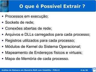 O que é Possível Extrair ?
   Processos em execução;
   Sockets de rede;
   Conexões abertas de rede;
   Arquivos e DLLs carregados para cada processo;
   Registros utilizados para cada processo;
   Módulos de Kernel do Sistema Operacional;
   Mapeamento de Endereços físicos e virtuais;
   Mapa de Memória de cada processo.

Análise de Malware em Memória RAM com Volatility - FISL13   6 de 36
 