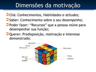 Dimensões da motivação
 Chá: Conhecimentos, Habilidades e atitudes;
 Saber: Conhecimento sobre o seu desempenho;
 Poder fazer: “Recursos” que a pessoa reúne para
  desempenhar sua função;
 Querer: Predisposição, motivação e interesse
  demonstrado;
 
