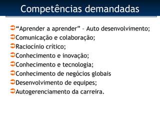 Competências demandadas
“Aprender a aprender” – Auto desenvolvimento;
Comunicação e colaboração;
Raciocínio crítico;
Conhecimento e inovação;
Conhecimento e tecnologia;
Conhecimento de negócios globais
Desenvolvimento de equipes;
Autogerenciamento da carreira.
 