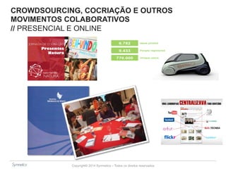 CROWDSOURCING, COCRIAÇÃO E OUTROS 
MOVIMENTOS COLABORATIVOS 
// PRESENCIAL E ONLINE 
Copyright© 2014 Symnetics – Todos os direitos reservados 
 