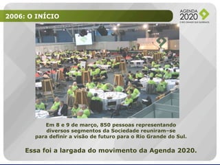 2006: O INÍCIO

Em 8 e 9 de março, 850 pessoas representando
diversos segmentos da Sociedade reuniram–se
para definir a visão de futuro para o Rio Grande do Sul.

Essa foi a largada do movimento da Agenda 2020.

 