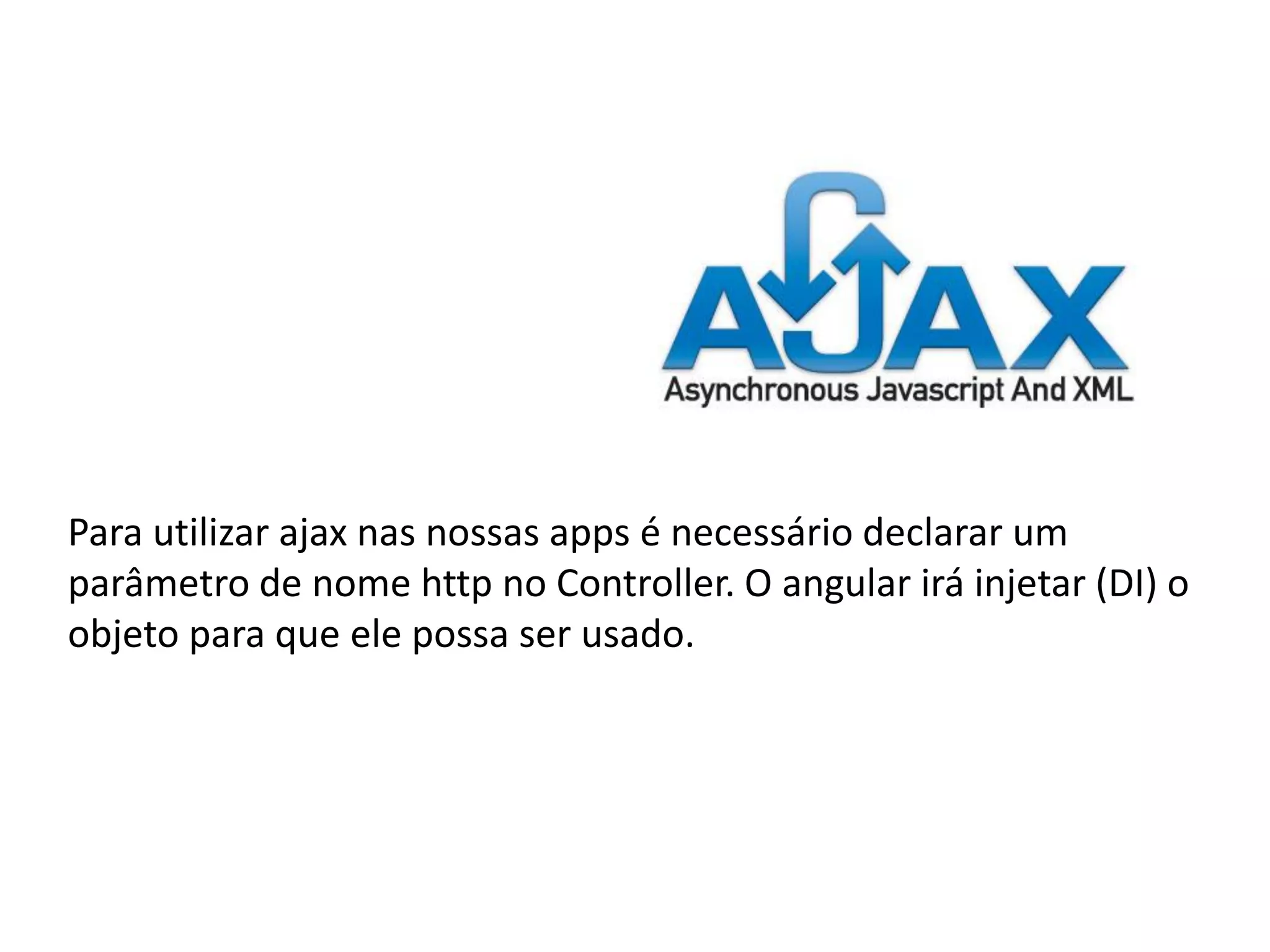 Para utilizar ajax nas nossas apps é necessário declarar um
parâmetro de nome http no Controller. O angular irá injetar (DI) o
objeto para que ele possa ser usado.