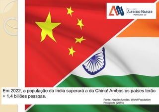Em 2022, a população da India superará a da China! Ambos os países terão
+ 1,4 biliões pessoas.
Fonte: Nações Unidas, World Population
Prospects (2015)
 