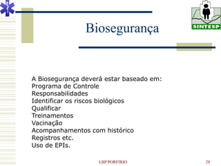 Biosegurança


A Biosegurança deverá estar baseado em:
Programa de Controle
Responsabilidades
Identificar os riscos biológicos
Qualificar
Treinamentos
Vacinação
Acompanhamentos com histórico
Registros etc.
Uso de EPIs.

                    LBP PORFIRIO          28
 
