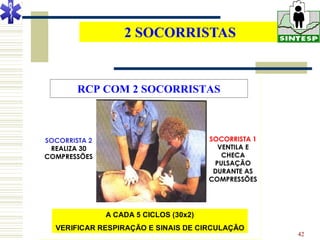 2 SOCORRISTAS


        RCP COM 2 SOCORRISTAS



SOCORRISTA 2                            SOCORRISTA 1
 REALIZA 30                               VENTILA E
COMPRESSÕES                                CHECA
                                         PULSAÇÃO
                                         DURANTE AS
                                        COMPRESSÕES




               A CADA 5 CICLOS (30x2)
  VERIFICAR RESPIRAÇÃO E SINAIS DE CIRCULAÇÃO
                        LBP PORFIRIO                   42
 