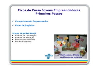 Eixos do Curso Jovens Empreendedores
                Primeiros Passos

  Comportamento Empreendedor

  Plano de Negócios



TEMAS TRANSVERSAIS
• Cultura da cooperação
• Cultura da inovação
• Ecossustentabilidade
• Ética e Cidadania




                               Confecção na Oficina –
                               reutilização de materiais
 