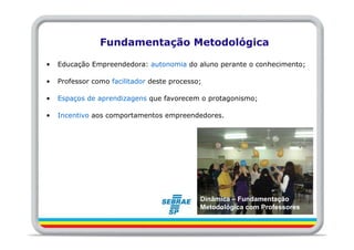 Fundamentação Metodológica

•   Educação Empreendedora: autonomia do aluno perante o conhecimento;

•   Professor como facilitador deste processo;

•   Espaços de aprendizagens que favorecem o protagonismo;

•   Incentivo aos comportamentos empreendedores.




                                             Dinâmica – Fundamentação
                                             Metodológica com Professores
 