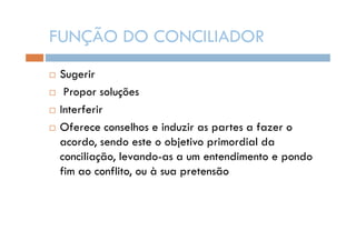 FUNÇÃO DO CONCILIADOR
Sugerir
Propor soluções
Interferir
Oferece conselhos e induzir as partes a fazer o
acordo, sendo este o objetivo primordial da
conciliação, levando-as a um entendimento e pondo
fim ao conflito, ou à sua pretensão

 
