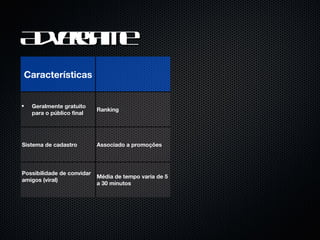 Advergame Características Geralmente gratuito para o público final Ranking Sistema de cadastro Associado a promoções Possibilidade de convidar amigos (viral) Média de tempo varia de 5 a 30 minutos 