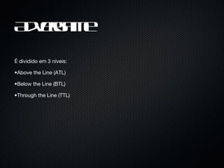 Advergame É dividido em 3 níveis: Above the Line (ATL) Below the Line (BTL) Through the Line (TTL) 