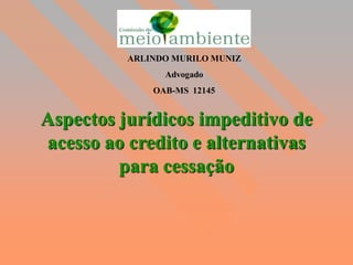 ARLINDO MURILO MUNIZ
                Advogado
              OAB-MS 12145


Aspectos jurídicos impeditivo de
acesso ao credito e alternativas
         para cessação
 