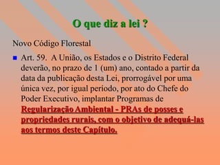 O que diz a lei ?
Novo Código Florestal
   Art. 59. A União, os Estados e o Distrito Federal
    deverão, no prazo de 1 (um) ano, contado a partir da
    data da publicação desta Lei, prorrogável por uma
    única vez, por igual período, por ato do Chefe do
    Poder Executivo, implantar Programas de
    Regularização Ambiental - PRAs de posses e
    propriedades rurais, com o objetivo de adequá-las
    aos termos deste Capítulo.
 