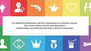 OS ARQUÉTIPOS REPRESENTAM ASPECTOS FUNDAMENTAIS DA CONDIÇÃO HUMANA.
ELES TOCAM NOSSOS MOTIVOS MAIS PROFUNDOS E
PROPORCIONAM UMA ESTRUTURA FIRME PARA O SENSO DE SIGNIFICADO.
 