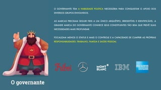 O GOVERNANTE TEM A HABILIDADE POLITICA NECESSÁRIA PARA CONQUISTAR O APOIO DOS
DIVERSOS GRUPOS ENVOLVIDOS.
AS MARCAS PRECISAM SEGUIR FIEIS A UM ÚNICO ARQUÉTIPO, IRRESISTÍVEL E IDENTIFICÁVEL. A
GRANDE MARCA DO GOVERNANTE CONHECE SEUS CONSTITUINTES TÃO BEM QUE PREVÊ SUAS
NECESSIDADES MAIS PROFUNDAR.
FOCALIZAM MENOS O STATUS E MAIS O CONTROLE E A CAPACIDADE DE CUMPRIR AS PRÓPRIAS
RESPONSABILIDADES: TRABALHO, FAMÍLIA E SAÚDE PESSOAL
 