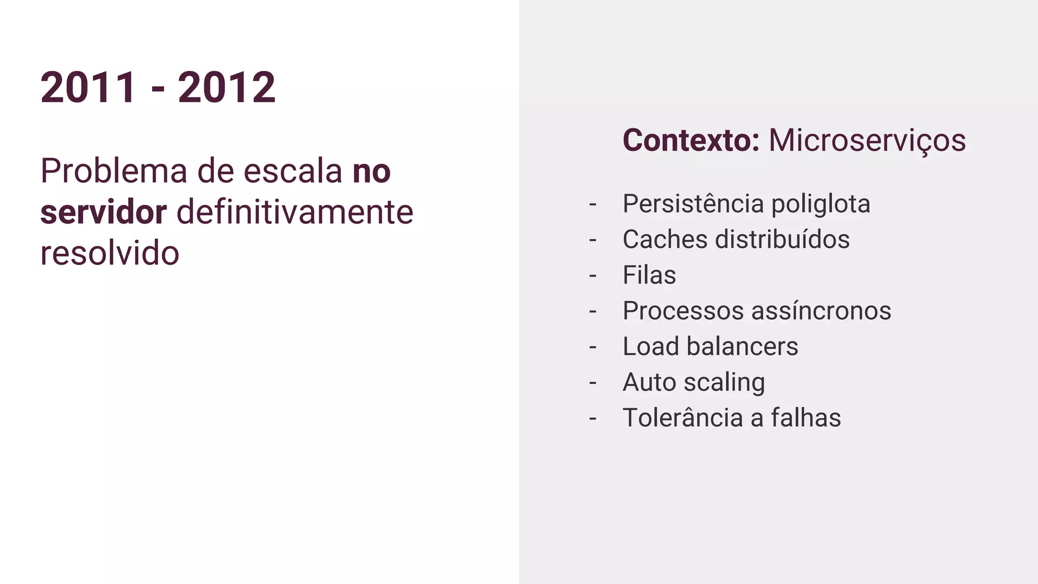 2011 - 2012
Problema de escala no
servidor definitivamente
resolvido
Contexto: Microserviços
- Persistência poliglota
- Caches distribuídos
- Filas
- Processos assíncronos
- Load balancers
- Auto scaling
- Tolerância a falhas
 