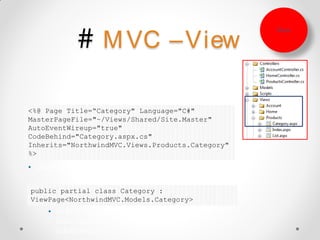 # M VC – View                         View




<%@ Page Title=“Category" Language="C#"
MasterPageFile="~/Views/Shared/Site.Master"
AutoEventWireup="true"
CodeBehind="Category.aspx.cs"
Inherits="NorthwindMVC.Views.Products.Category"
%>

• Views (property Model) can be “strongly typed”

public partial class Category :
ViewPage<NorthwindMVC.Models.Category>
     • In RC1 “code behind” for Views has
       been eliminated – to facilitate
       IntelliSence
 