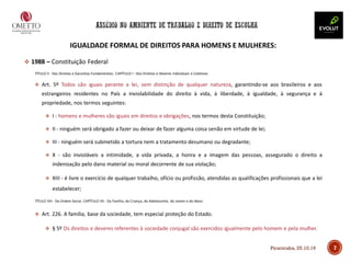 7
IGUALDADE FORMAL DE DIREITOS PARA HOMENS E MULHERES:
❖ 1988 – Constituição Federal
TÍTULO II - Dos Direitos e Garantias Fundamentais. CAPÍTULO I - Dos Direitos e Deveres Individuais e Coletivos
❖ Art. 5º Todos são iguais perante a lei, sem distinção de qualquer natureza, garantindo-se aos brasileiros e aos
estrangeiros residentes no País a inviolabilidade do direito à vida, à liberdade, à igualdade, à segurança e à
propriedade, nos termos seguintes:
❖ I - homens e mulheres são iguais em direitos e obrigações, nos termos desta Constituição;
❖ II - ninguém será obrigado a fazer ou deixar de fazer alguma coisa senão em virtude de lei;
❖ III - ninguém será submetido a tortura nem a tratamento desumano ou degradante;
❖ X - são invioláveis a intimidade, a vida privada, a honra e a imagem das pessoas, assegurado o direito a
indenização pelo dano material ou moral decorrente de sua violação;
❖ XIII - é livre o exercício de qualquer trabalho, ofício ou profissão, atendidas as qualificações profissionais que a lei
estabelecer;
TÍTULO VIII - Da Ordem Social. CAPÍTULO VII - Da Família, da Criança, do Adolescente, do Jovem e do Idoso
❖ Art. 226. A família, base da sociedade, tem especial proteção do Estado.
❖ § 5º Os direitos e deveres referentes à sociedade conjugal são exercidos igualmente pelo homem e pela mulher.
Piracicaba, 25.10.19
 