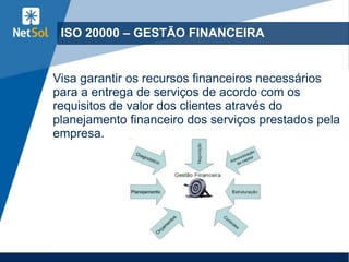 ISO 20000 – GESTÃO FINANCEIRA
Visa garantir os recursos financeiros necessários
para a entrega de serviços de acordo com os
requisitos de valor dos clientes através do
planejamento financeiro dos serviços prestados pela
empresa.
 