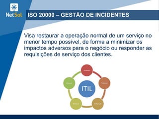 ISO 20000 – GESTÃO DE INCIDENTES
Visa restaurar a operação normal de um serviço no
menor tempo possível, de forma a minimizar os
impactos adversos para o negócio ou responder as
requisições de serviço dos clientes.
 