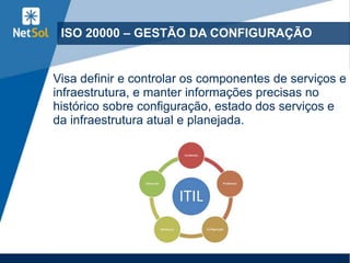 ISO 20000 – GESTÃO DA CONFIGURAÇÃO
Visa definir e controlar os componentes de serviços e
infraestrutura, e manter informações precisas no
histórico sobre configuração, estado dos serviços e
da infraestrutura atual e planejada.
 