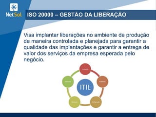 ISO 20000 – GESTÃO DA LIBERAÇÃO
Visa implantar liberações no ambiente de produção
de maneira controlada e planejada para garantir a
qualidade das implantações e garantir a entrega de
valor dos serviços da empresa esperada pelo
negócio.
 