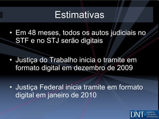 Estimativas Em 48 meses, todos os autos judiciais no STF e no STJ serão digitais Justiça do Trabalho inicia o tramite em formato digital em dezembro de 2009 Justiça Federal inicia tramite em formato digital em janeiro de 2010 