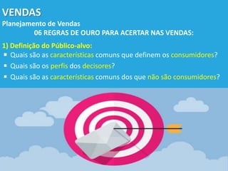 VENDAS
Planejamento de Vendas
06 REGRAS DE OURO PARA ACERTAR NAS VENDAS:
1) Definição do Público-alvo:
◾ Quais são as características comuns que definem os consumidores?
◾ Quais são os perfis dos decisores?
◾ Quais são as características comuns dos que não são consumidores?
 