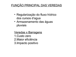 FUNÇÃO PRINCIPAL DAS VEREDAS
• Regularização do fluxo hídrico
dos cursos d’agua
• Armazenamento das águas
pluviais
Veredas x Barragens
1.Custo zero
2.Maior eficiência
3.Impacto positivo
 