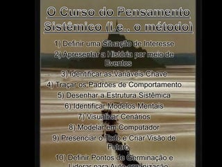 1) Definir uma Situação de Interesse
2) Apresentar a História por meio de
Eventos
3) Identificar as Variáveis Chave
4) Traçar os Padrões de Comportamento
5) Desenhar a Estrutura Sistêmica
6) Identificar Modelos Mentais
7) Visualizar Cenários
8) Modelar em Computador
9) Presenciar o Todo e Criar Visão de
Futuro
10) Definir Pontos de Germinação e
 