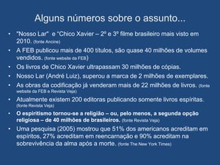 Alguns números sobre o assunto...
• "Nosso Lar" e “Chico Xavier – 2º e 3º filme brasileiro mais visto em
  2010. (fonte Ancine)
• A FEB publicou mais de 400 títulos, são quase 40 milhões de volumes
  vendidos. (fonte website da FEB)
• Os livros de Chico Xavier ultrapassam 30 milhões de cópias.
• Nosso Lar (André Luiz), superou a marca de 2 milhões de exemplares.
• As obras da codificação já venderam mais de 22 milhões de livros. (fonte
    website da FEB e Revista Veja)

• Atualmente existem 200 editoras publicando somente livros espíritas.
    (fonte Revista Veja)
•   O espiritismo tornou-se a religião – ou, pelo menos, a segunda opção
    religiosa – de 40 milhões de brasileiros. (fonte Revista Veja)
• Uma pesquisa (2005) mostrou que 51% dos americanos acreditam em
  espíritos, 27% acreditam em reencarnação e 90% acreditam na
  sobrevivência da alma após a morte. (fonte The New York Times)
 