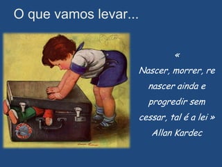 O que vamos levar...

                             «
                   Nascer, morrer, re
                       nascer ainda e
                       progredir sem
                   cessar, tal é a lei »
                       Allan Kardec
 